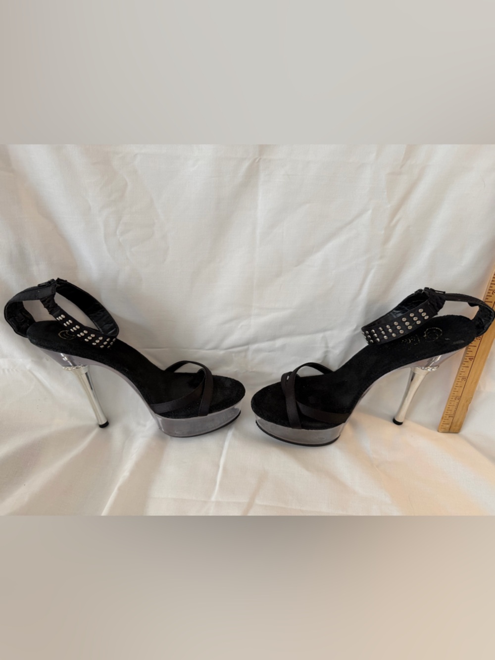 Pleaser Black Ankle-Strap Heels with Silver Metallic Stiletto